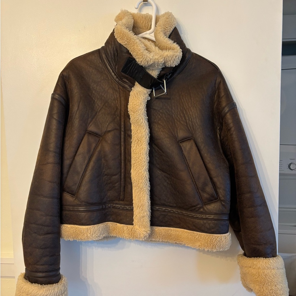 Zara Tan Aviation Shearling Jacket - Picture 2 of 4